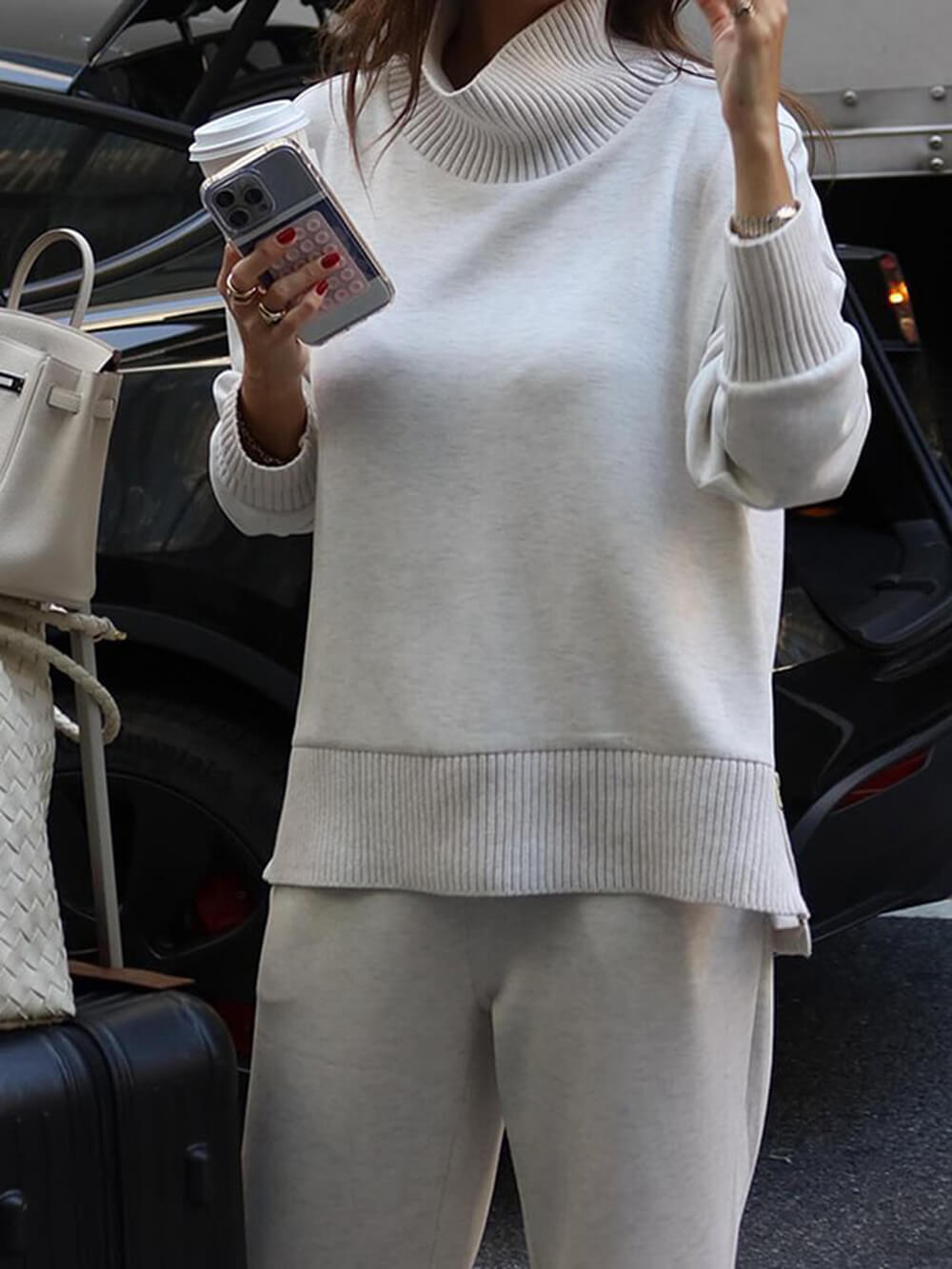 Classic Double Soft Turtleneck Side Zipper Sweatshirt en Elastische Taille Met Zakken Losse Broek Set