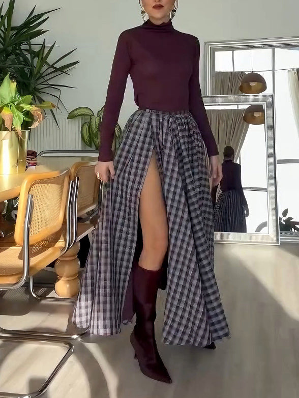Elegante Geruite Maxirok met Hoge Splits Twee-delige Set