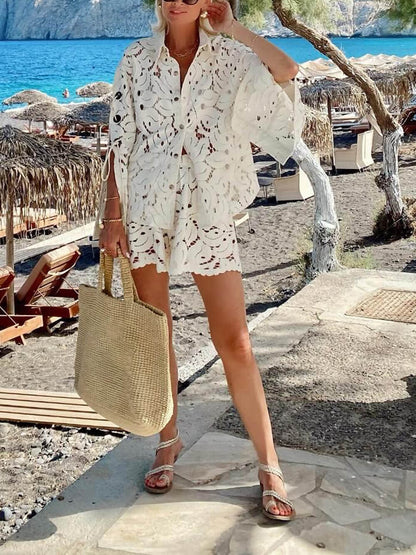 Vintage Exquise Kant Haak Slit Mouw Top En Shorts Set