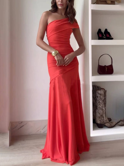 Elegante Moeiteloze Mesh Off-Shoulder Gerimpelde Stretch Maxi Jurk