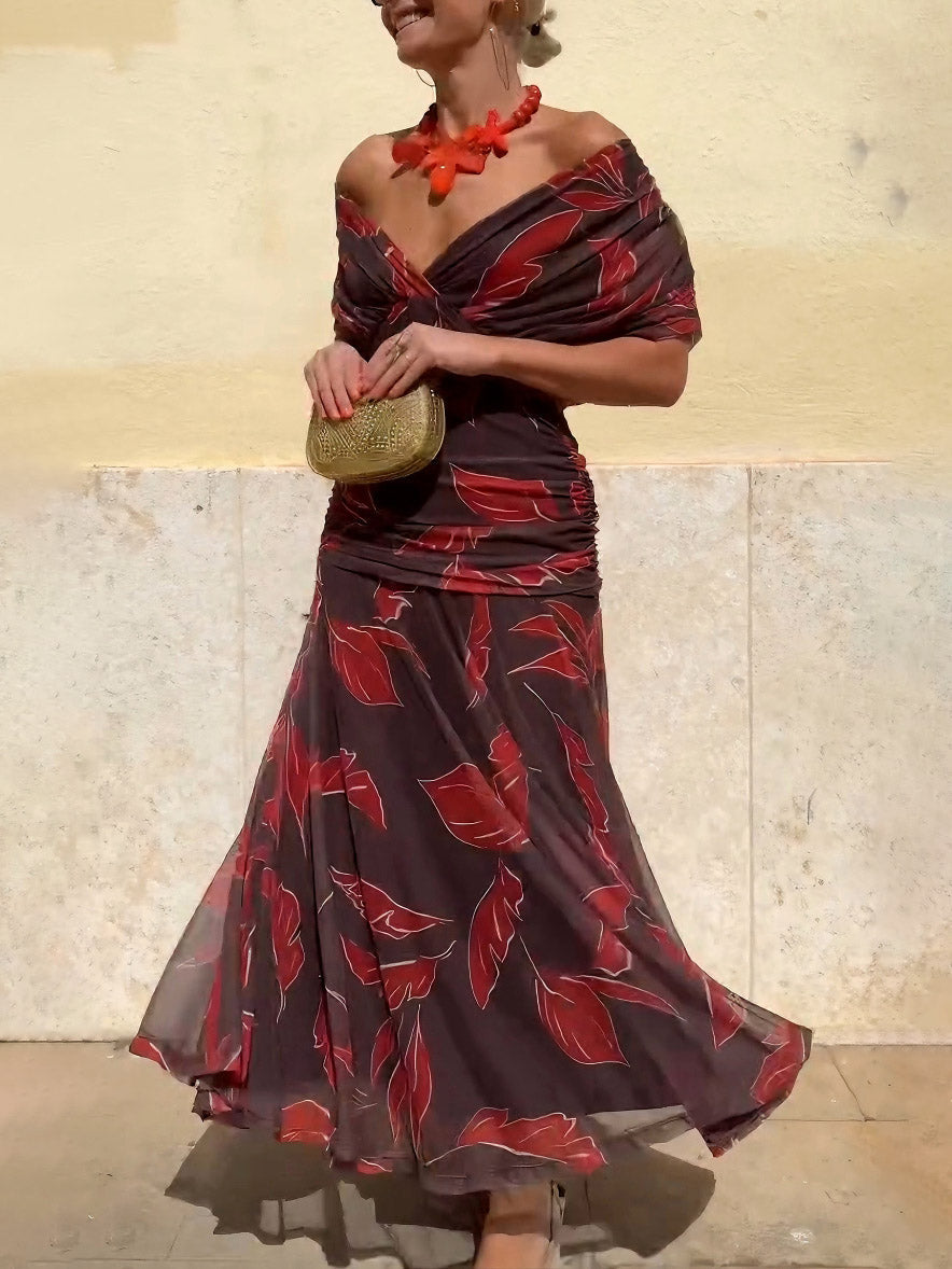 Elegante Off-Shoulder Rimpelblad Print Maxi Jurk