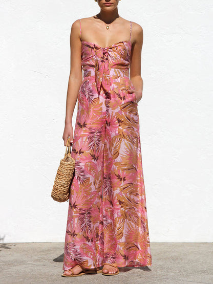 Delicate Botanische Print Spaghetti Band Resort Stijl Wijde Pantalon Jumpsuit