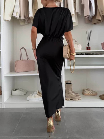 Elegante Satijnen Effen V-hals Knoop Slim Maxi Jurk