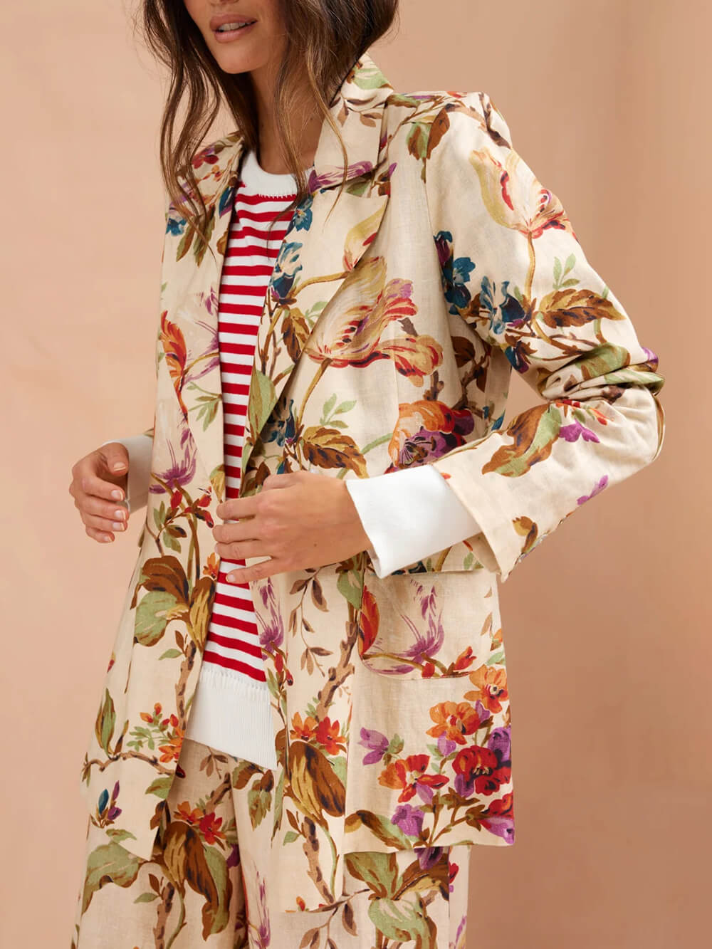 Exquise Retro Bloemenprint Lape Blazer Losse Zak Brede Pantalon Set