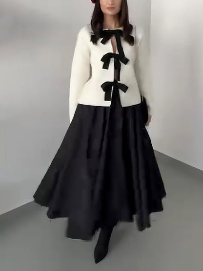 Elegante Boog-Breikardigan En A-Lijn Maxi Rok Set