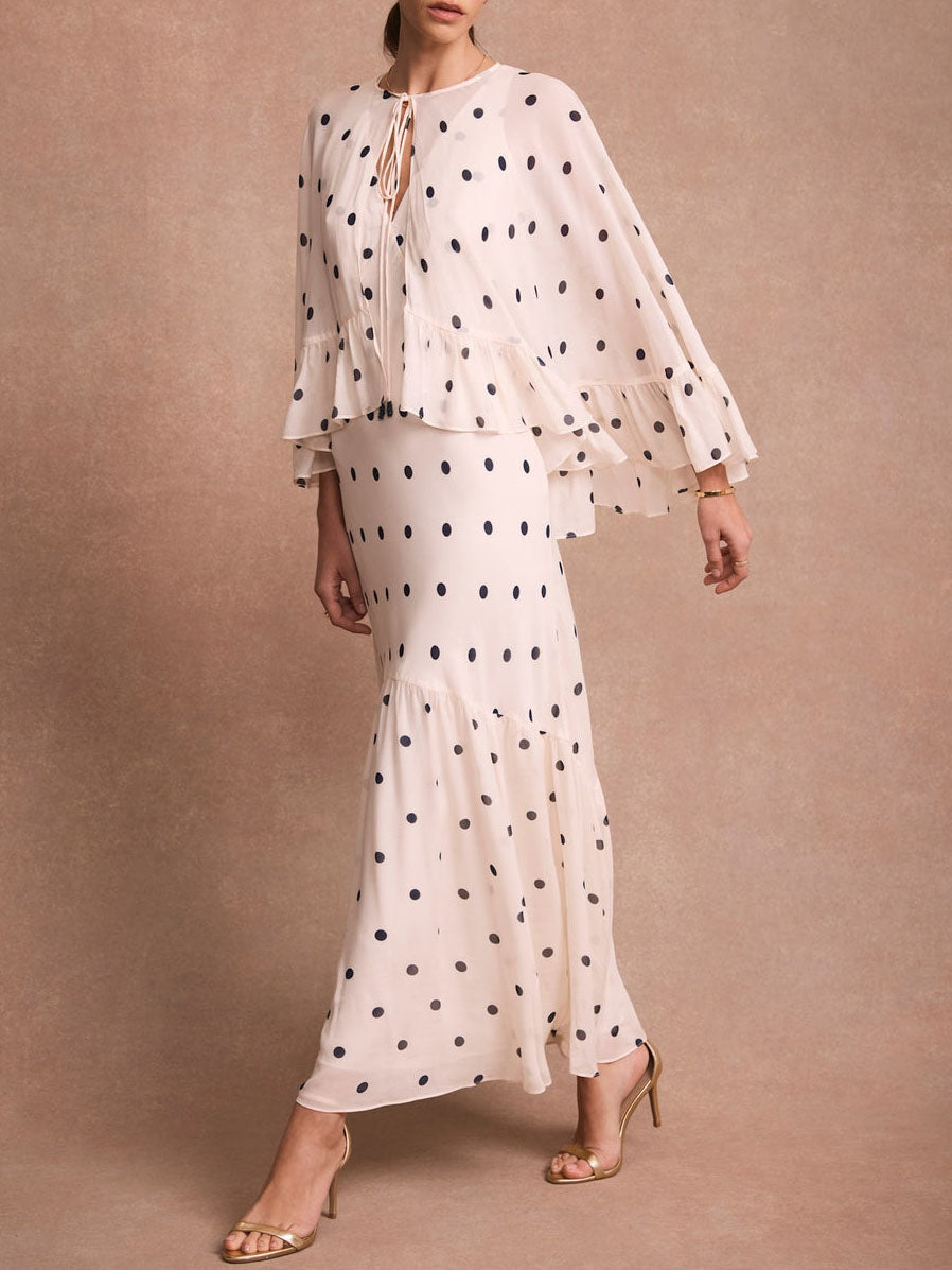 Elegante Polka Dot Ruffle Gelaagde Chiffon Cape Maxi Jurk