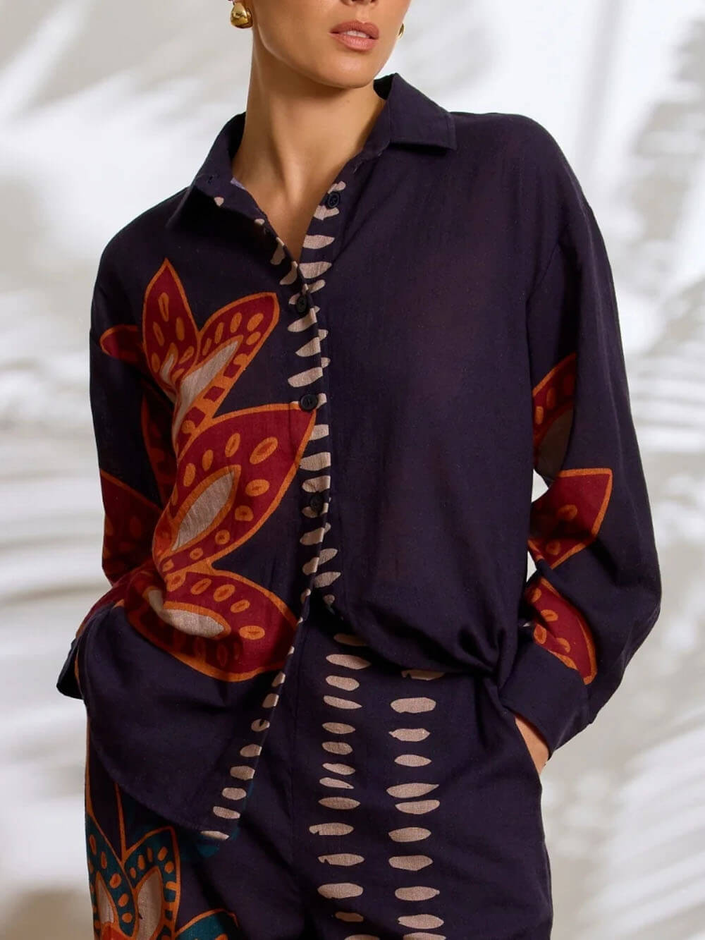 Exquise Bloemenprint Linnen Knop-Up Top En Losse Broek Set