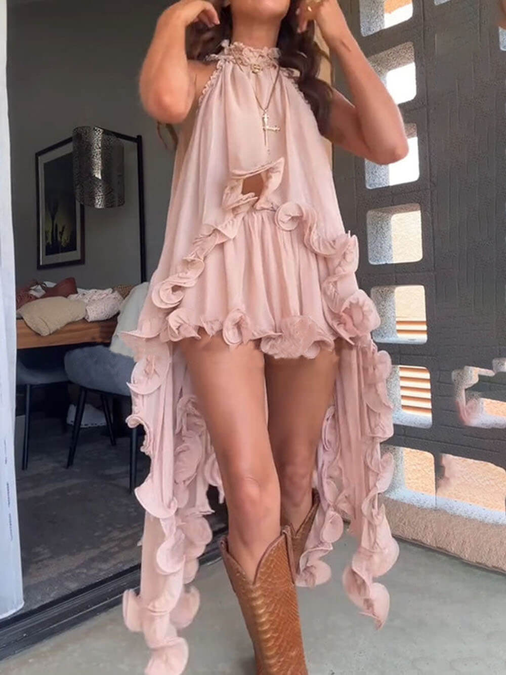 Delicate Romantische Drama Chiffon Golvende Ruffles Halter Ongelijk A-lijn Top