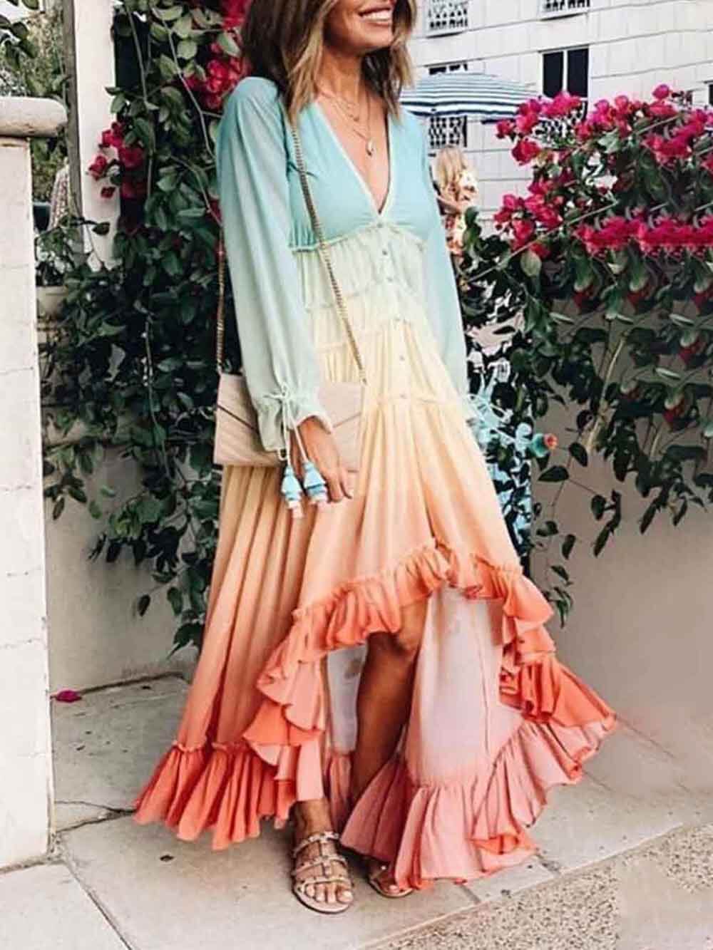 Unieke Gradient Print Bohemian Regenboog Tiered Maxi Jurk