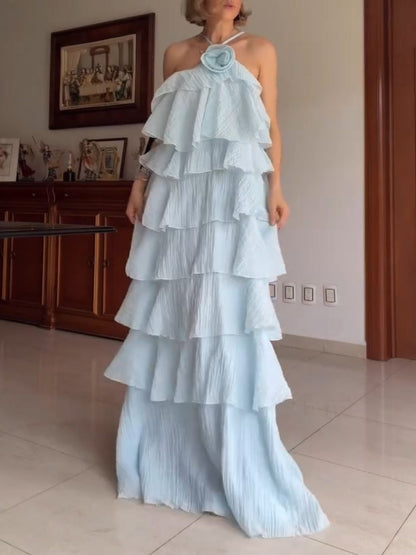 Elegante Gelaagde Rimpel Halter Maxi Jurk