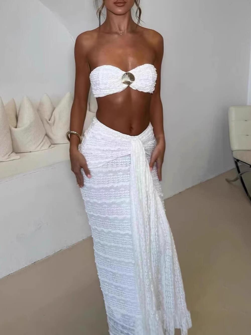 Elegante Strapless Top met Schelpversieringen & Rimpelrok Set