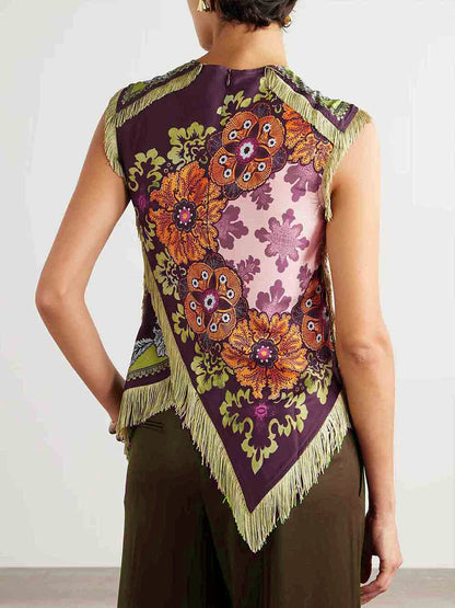 Unieke Retro Bloemenprint Tassel Vest Twee-delige Set