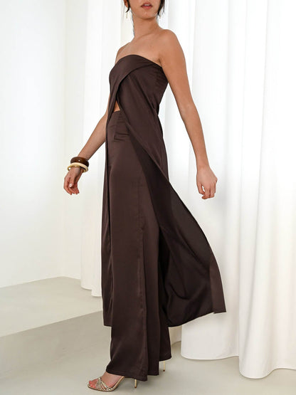 Elegante Strapless Satijnen Top & Broek Twee-delige Set