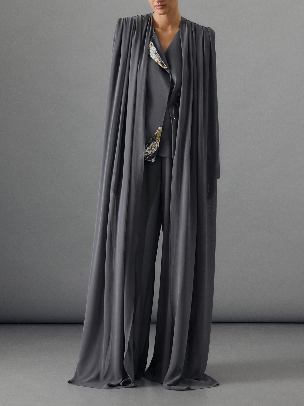 Elegante Gelaagde Chiffon Shirt & Wijde Pantalon Twee-Piece Set