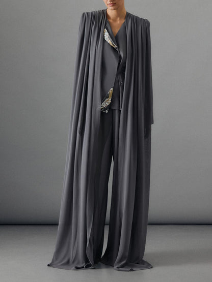 Elegante Gelaagde Chiffon Shirt & Wijde Pantalon Twee-Piece Set