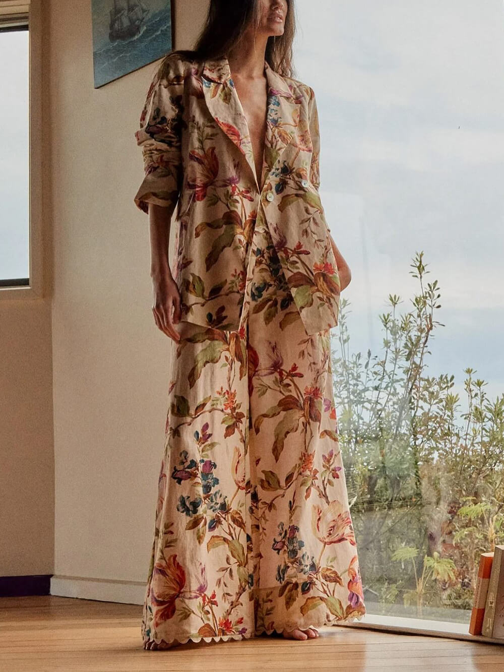 Exquise Retro Bloemenprint Lape Blazer Losse Zak Brede Pantalon Set