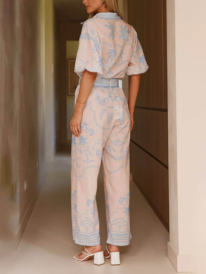 Casual Temperament Geprinte Linnen Korte Mouwen Top Met Riem En Rechte Broek Set