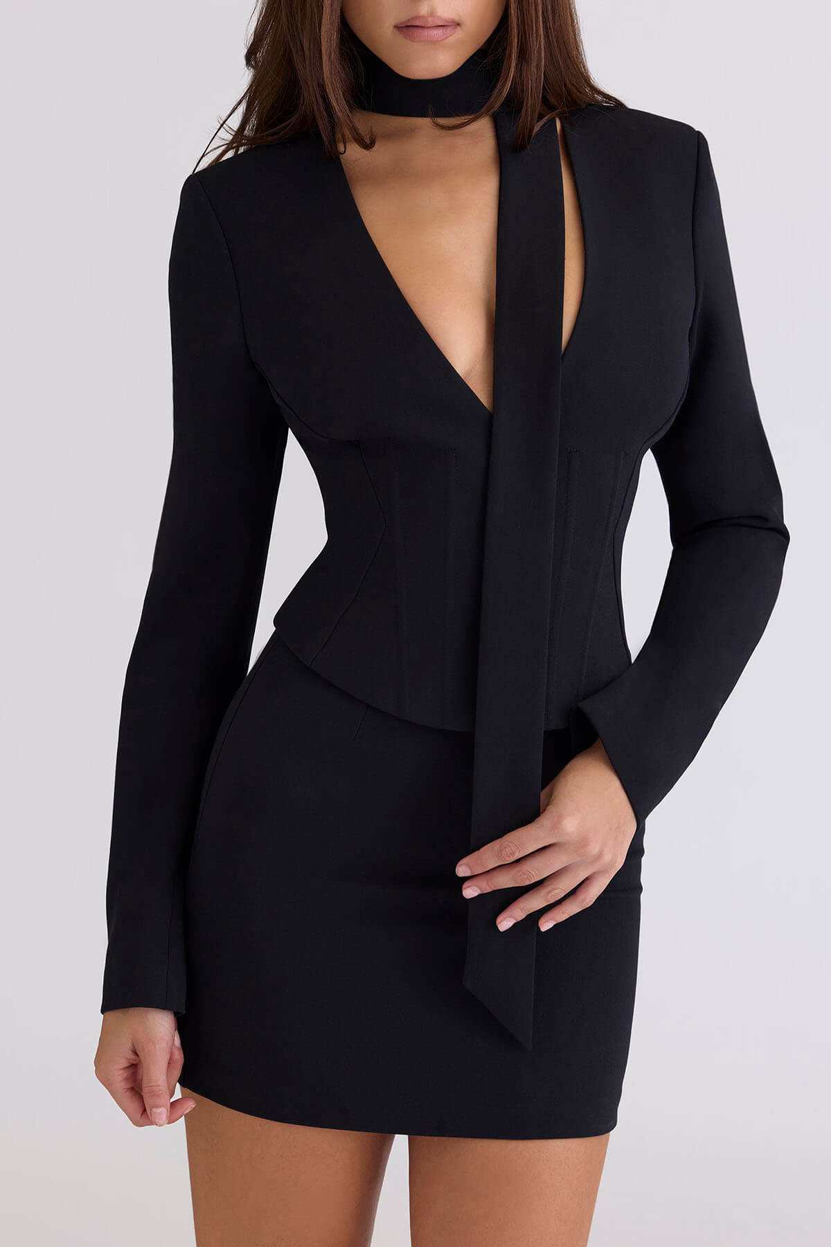 Elegante Sexy V-Hals Geknoopte Top En Crepe Vormgevende Mini Rok Set