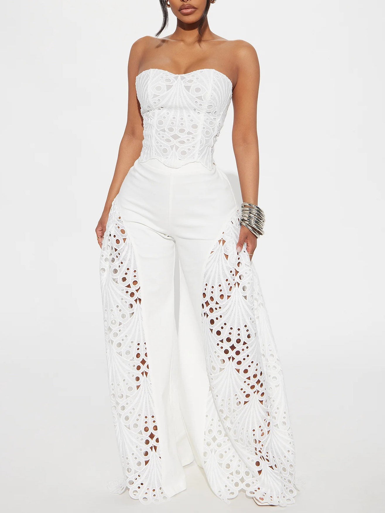 Kant Cut-out Strapless Flare Broek Twee-delige Set
