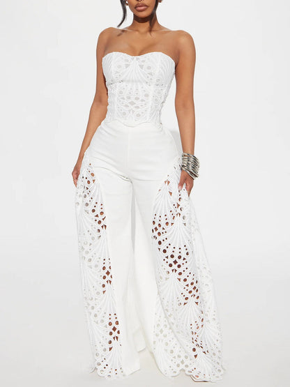 Kant Cut-out Strapless Flare Broek Twee-delige Set