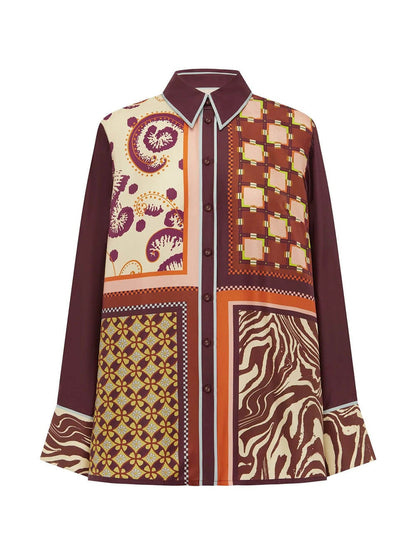 Unieke Paisley Kleur-Block Satijnen Shirt En Elastische Taille Wijde Broek Set