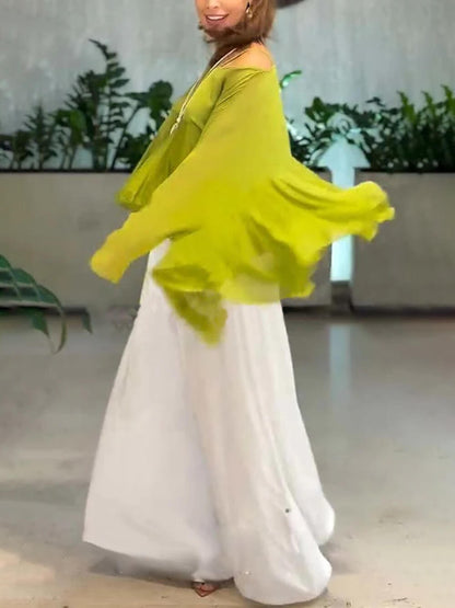 Elegante Romantische Reis Chiffon Ruffle Batwing Mouw Top