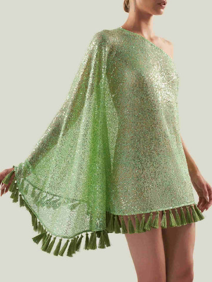 Elegante Eén-Schouder Pailletten Franje Top & Flared Broek Twee-Delige Set