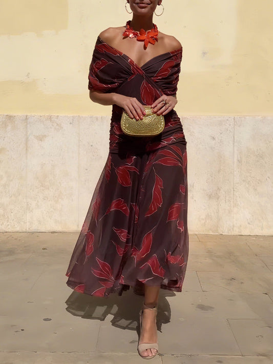 Elegante Off-Shoulder Rimpelblad Print Maxi Jurk
