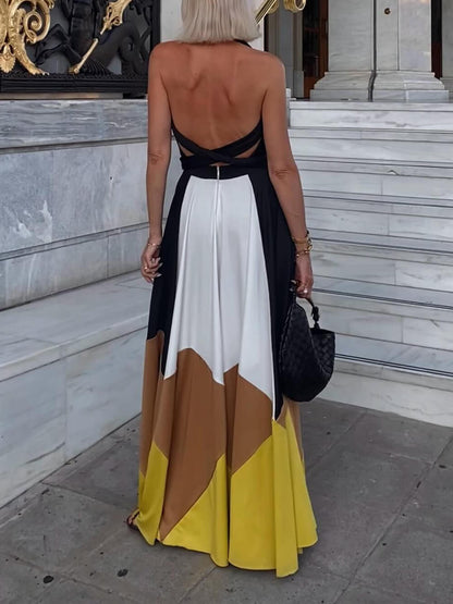 Elegante Geometrische Patchwork Rugloze Maxi Jurk met Strik