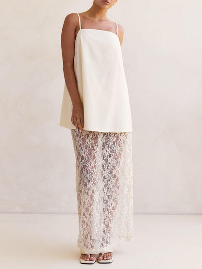 Elegante Off-Shoulder Spaghetti Strap A-Lijn Top & Transparante Pailletten Kant Hoge Taille Maxi Rok Set