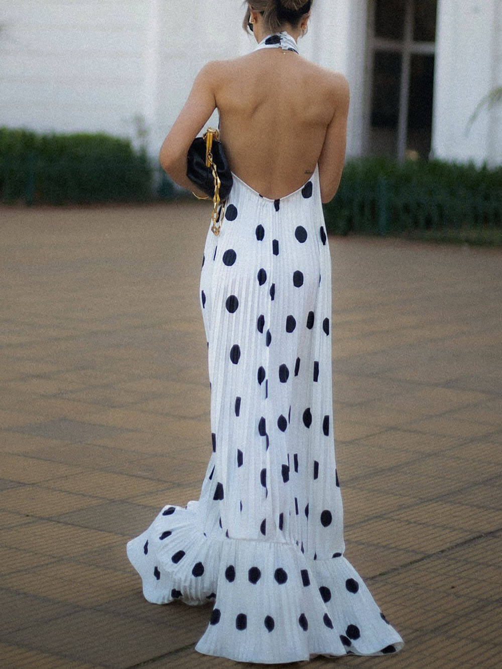 Elegante Polka Dot Rugloze Halter Avondjurk Maxi Jurk