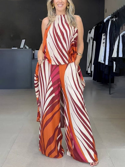 Modieuze Unieke Positionering Print Lange Mouwloze Top Brede Pantalon Set