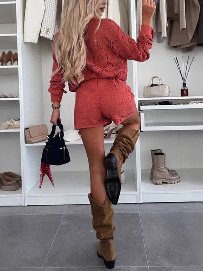 Casual Stijl Revers Effen Staande Kraag Top Kanten Shorts Set