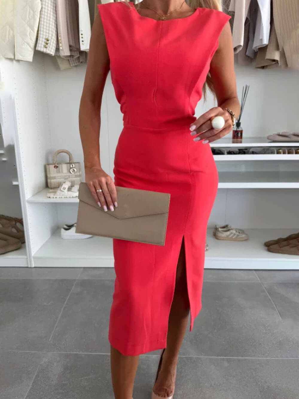 Elegante Charmante Dames Ronde Hals Mouwloze Taille Split Stretch Midi Jurk