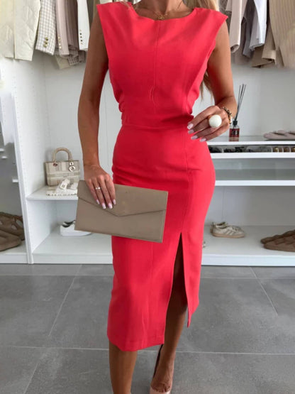 Elegante Charmante Dames Ronde Hals Mouwloze Taille Split Stretch Midi Jurk