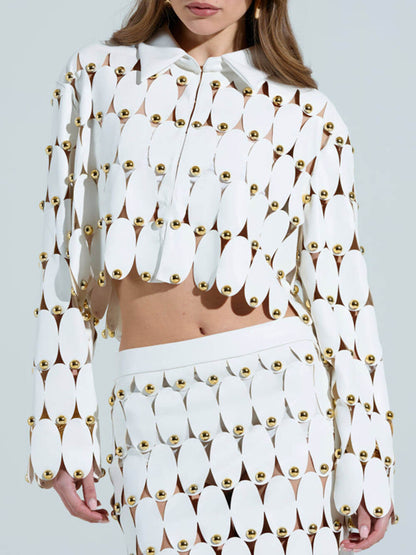 Exquise Cut-Out Studded PU Cropped Cardigan Top en Maxi Rok Set