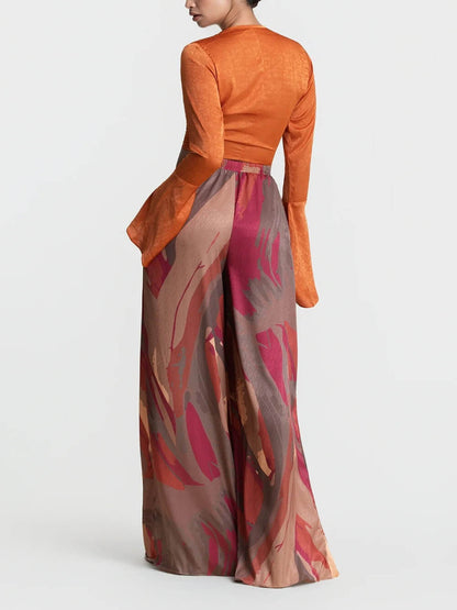Casual Bell-Sleeve Tie-Up Top met Kleurrijke Print Hoge Taille Wijde Broek Set