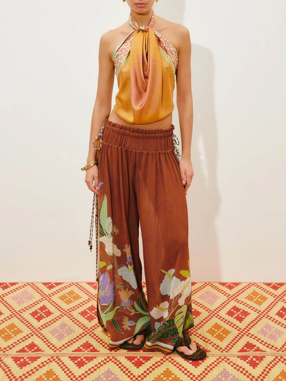 Exquise Rimpel Verstelbare Schouderband Camisole met Touwsluiting Split Wijde Pantalon Set