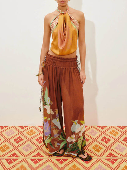 Exquise Rimpel Verstelbare Schouderband Camisole met Touwsluiting Split Wijde Pantalon Set