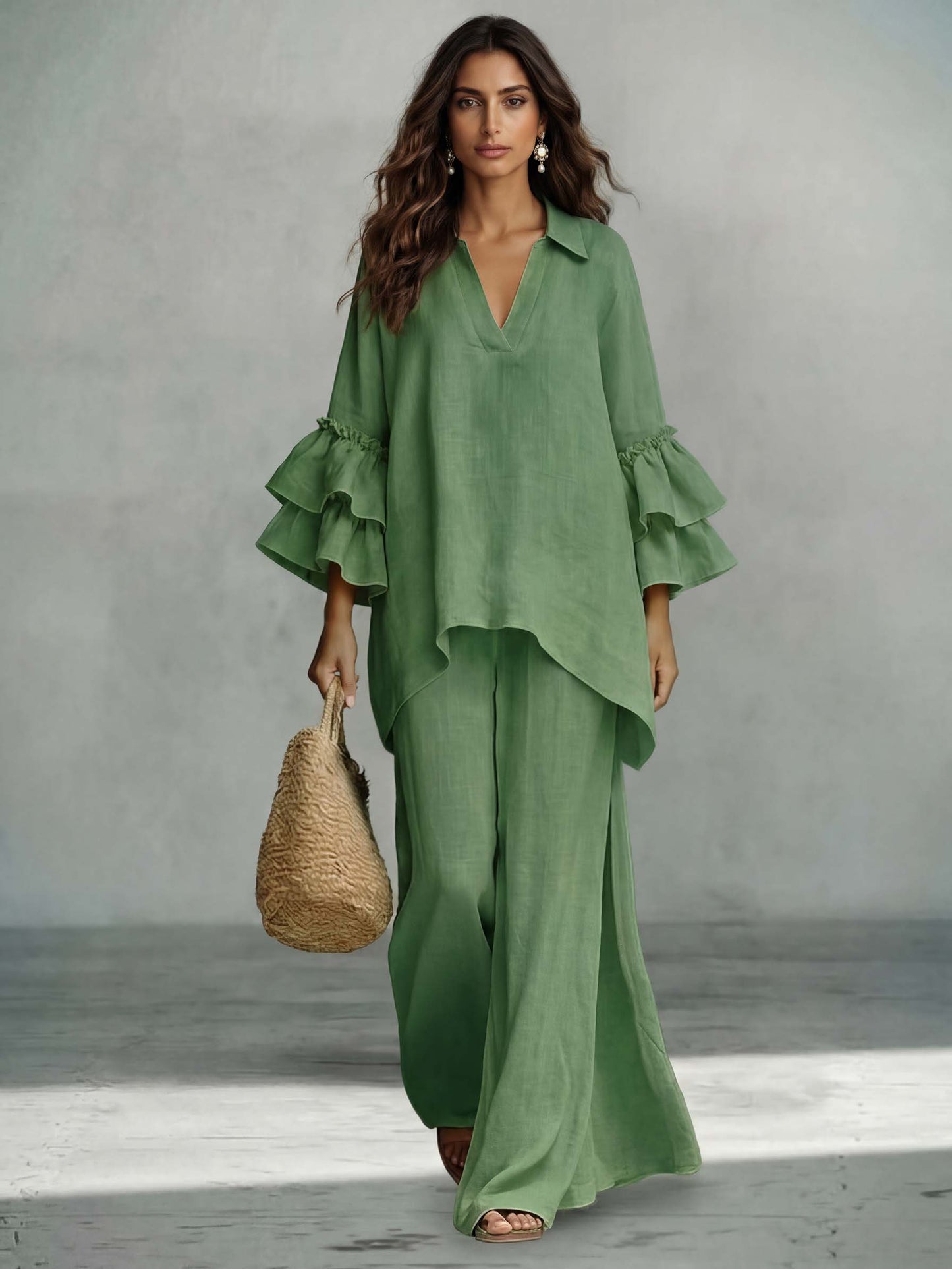Casual Ruffle Mouw V-Hals Top & Hoge Taille Wijde Pantalon Set
