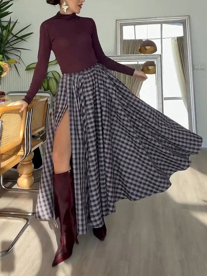 Elegante Geruite Maxirok met Hoge Splits Twee-delige Set