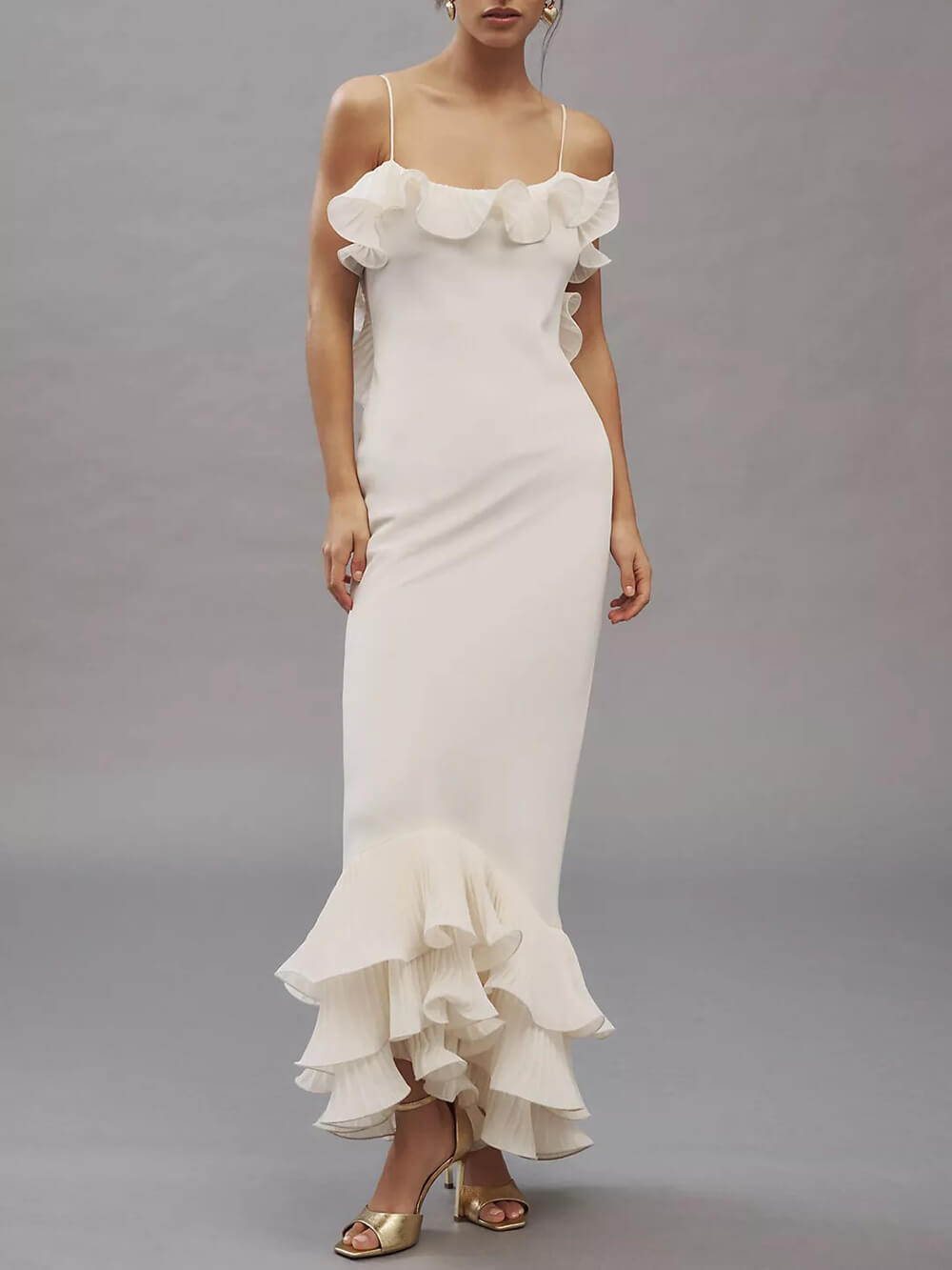 Elegante Geplooide Chiffon Ruffle Trim Spaghetti Strap Maxi Jurk