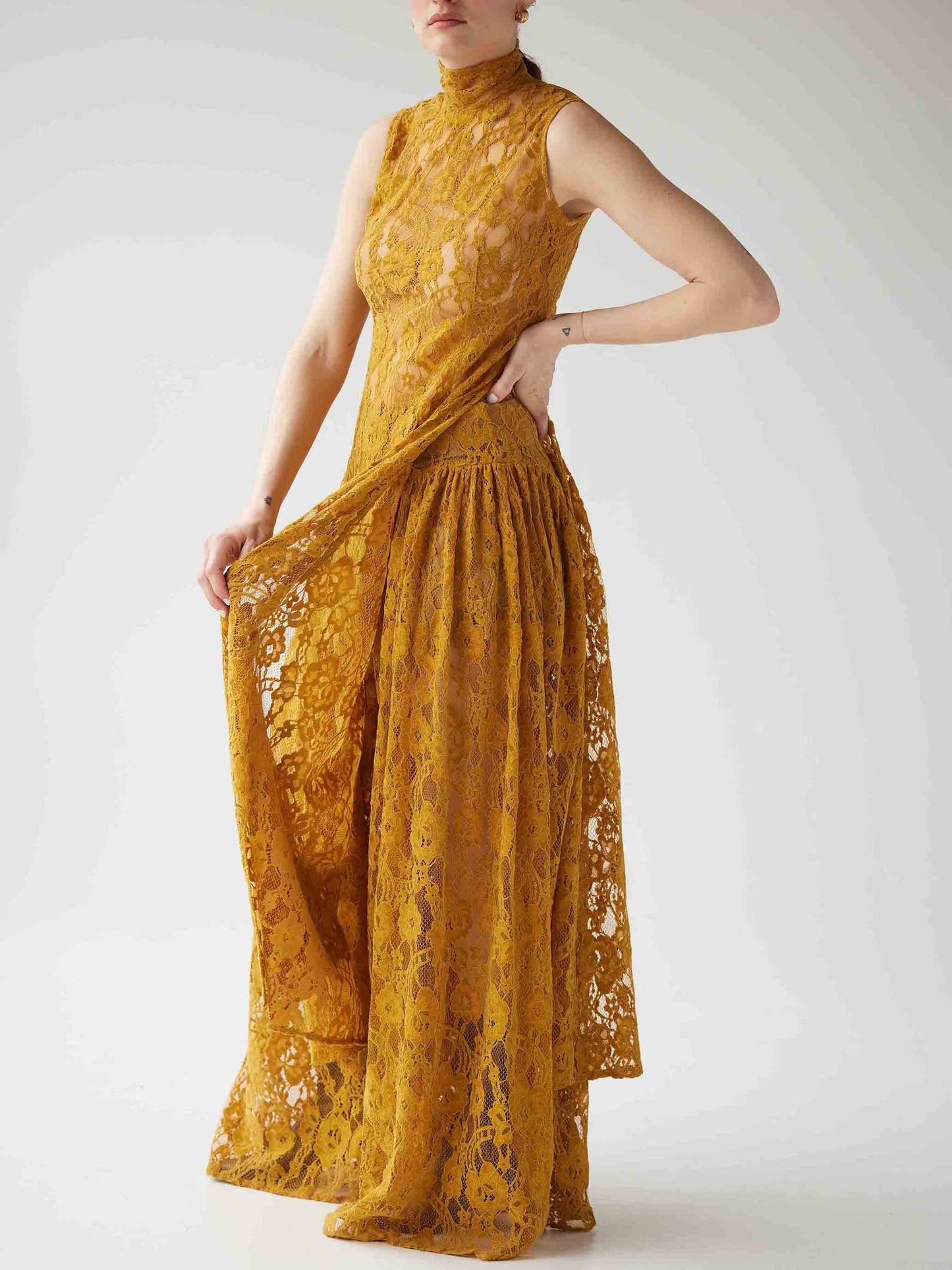 Elegante Hoge Hals Kanten Split Lange Top Twee-delige Set