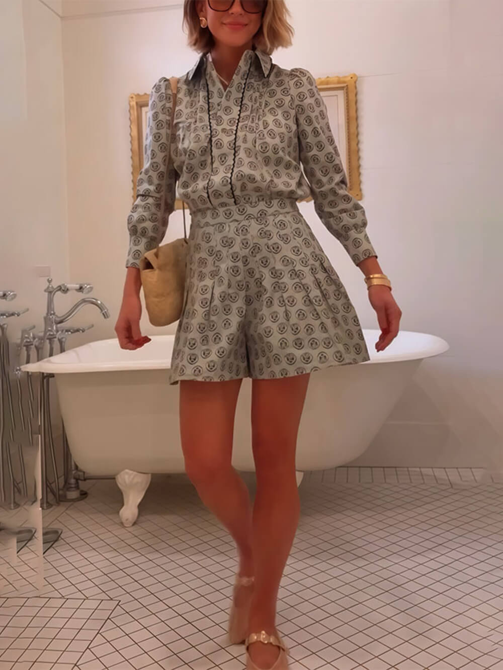 Retro Print Kraagloze Lange Mouwen Shirt en Hoge Taille Shorts Set