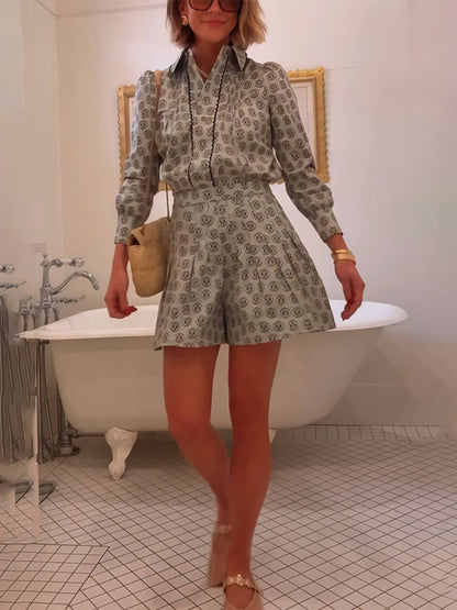 Retro Print Kraagloze Lange Mouwen Shirt en Hoge Taille Shorts Set