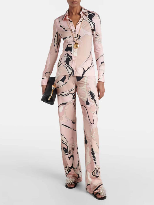 Unieke Bloemenprint Fitted Overhemd & Elastische Taille Rechtpijpen Broek Set