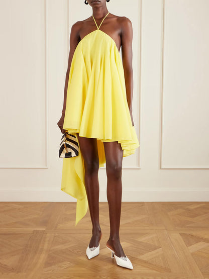 Elegante Gele Asymmetrische Chiffon Crêpe Halter Mini Jurk