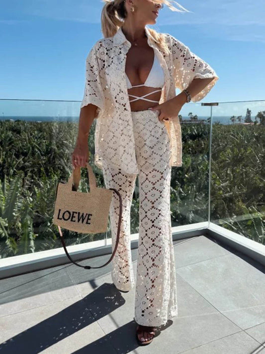 Klassieke Vakantie Haakbloemen Kant Korte Mouw Shirt en Elastische Taille Wijde Pantalon Set