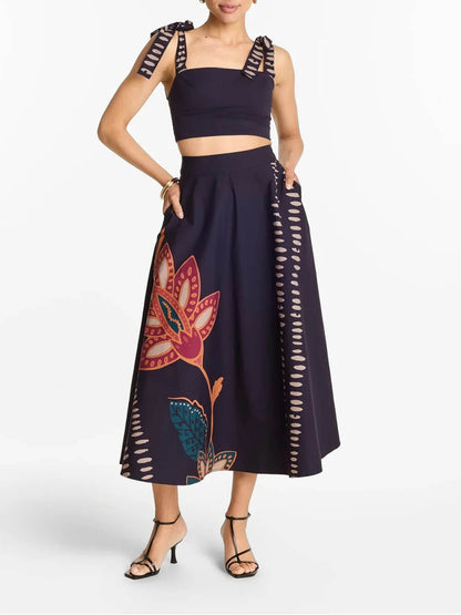 Exquise vierkante hals strik tanktop en bedrukte A-lijn hoge taille midi rok set