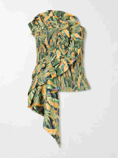 Exquise Tropische Papegaai Print Ruffle Top & Lantaarn Broek Twee-delige Set